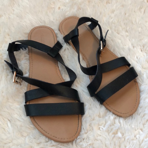 Forever 21 Shoes - Black strappy flat sandals with gold detail